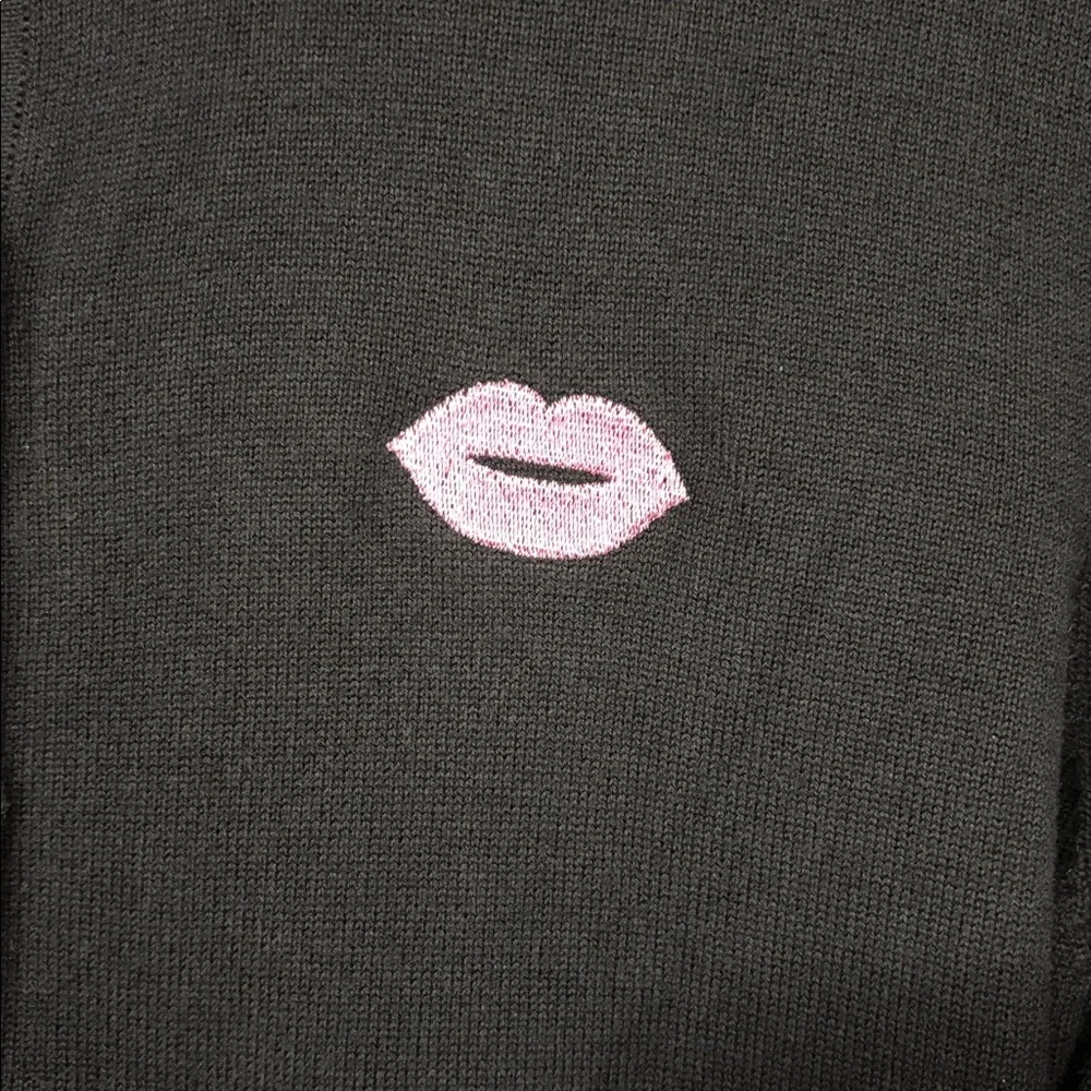 Charter Club Black Cardigan with Pink Embroidered Lip Appliqué Size L